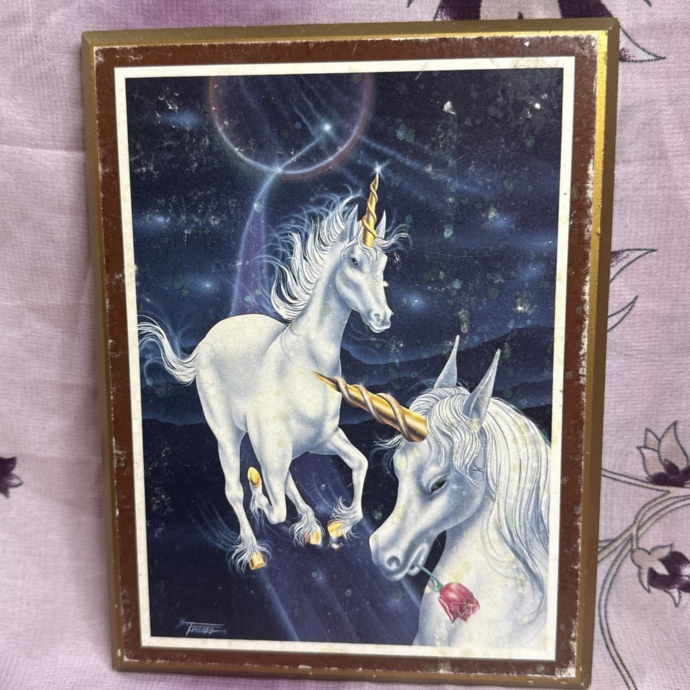 Vintage 1980s Unicorn Fantasy Wall Art Plaque 6.5x8.5‎ Cosmic Space Retro Décor